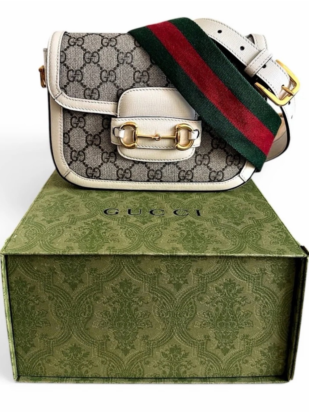 Gucci Beige GG Supreme Crossbody with Green and Red Web Strap